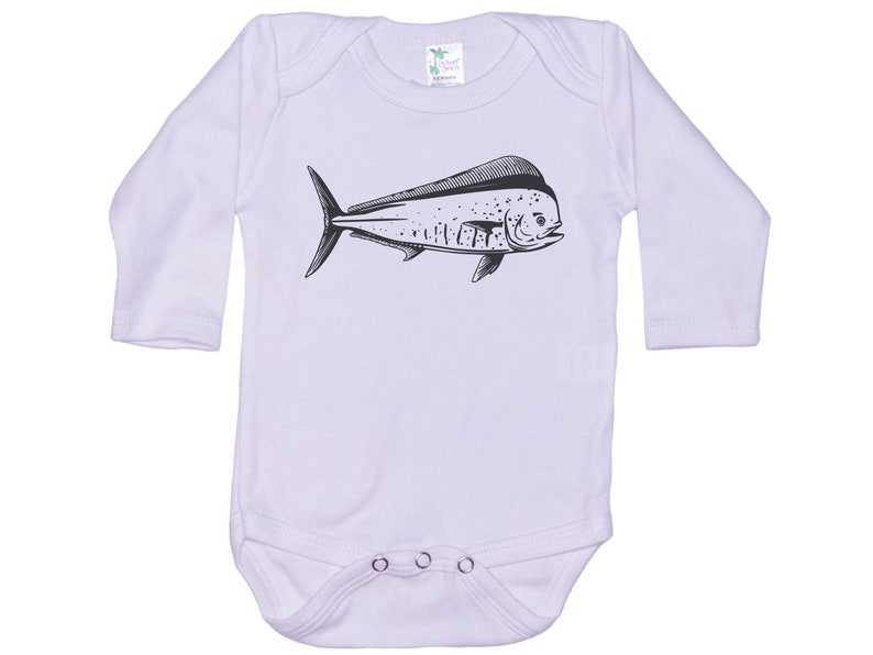 May include: A white long-sleeved baby onesie with a black and white illustration of a mahi-mahi fish.