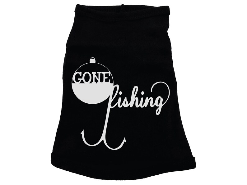 May include: Black dog t-shirt with a white graphic of a fishing bobber with the word "GONE" inside and the word "fishing" written in a cursive font below the bobber.  Two white fishing hooks are below the word "fishing".