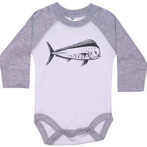 May include: A white and gray long-sleeve baby onesie with a black and white illustration of a mahi-mahi fish.