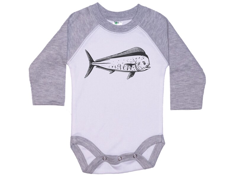 May include: A white and gray long-sleeve baby onesie with a black and white illustration of a mahi-mahi fish.