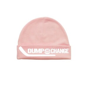 May include: Pink beanie with a white hockey stick and puck graphic and the text "DUMP AND CHANGE".