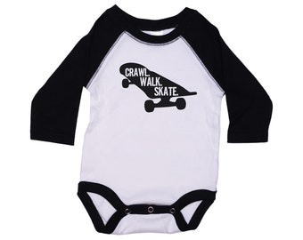 Skateboard Onesie®, Crawl Walk Skate, Baby Skateboard Outfit, Skateboarding Bodysuit, Infant Skating Romper, Baby Shower, Raglan, Newborn
