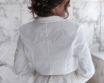 White short blazer with pearls letters Bride, jacket bride JGA wedding