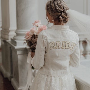 White denim jacket with gold letters Bride boho, jacket bride JGA wedding