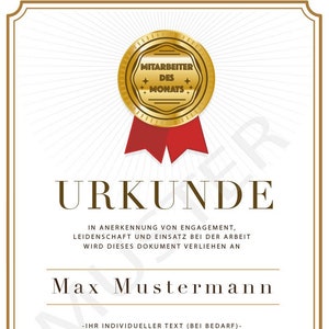 Urkunde zum Mitarbeiter des Monats / Jahres oder besondere Anerkennung