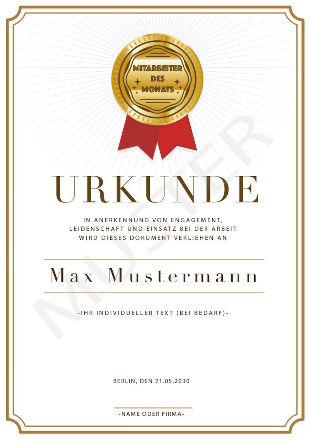 Urkunde zum Mitarbeiter des Monats / Jahres oder besondere Anerkennung Etsy.de