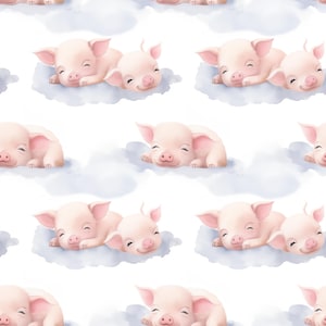Może przedstawiać: Wzór bez szwów przedstawiający różowe prosięta śpiące na puszystych białych chmurach. Prosięta mają zamknięte oczy i są zwinięte na boki. Chmury są miękkie i puszyste, tworząc fantazyjny i senny klimat.
