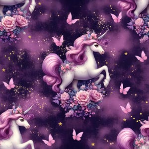 Könnte beinhalten: Ein nahtloses Muster mit weißen Einhörnern mit rosa Mähnen und Schwänzen, umgeben von rosa und violetten Blumen und Schmetterlingen auf einem dunkelvioletten Hintergrund mit goldenem Glitzer.