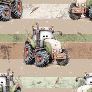 Może przedstawiać: Powtarzający się wzór z kreskówkowymi traktorami w odcieniach zieleni, kremu i pomarańczy. Traktory mają duże koła i są umieszczone na tle poziomych pasków w kolorach brązowym, zielonym i beżowym. Rozrzucone są kłosy pszenicy.
