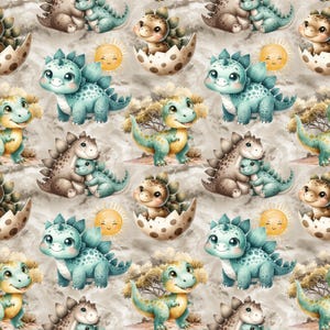 Könnte beinhalten: Ein nahtloses Muster mit niedlichen Cartoon-Dinosauriern in verschiedenen Posen. Die Dinosaurier sind grün, braun und gelb mit weißen Akzenten. Der Hintergrund ist hellbraun mit einer subtilen Textur. Das Muster enthält Sonnen und Eier.