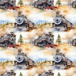 May include: A watercolour illustration of a vintage steam train engine with smoke billowing from the chimney. The train is painted in shades of blue, black, and red, and is set against a backdrop of a watercolour landscape with mountains, trees, and clouds.