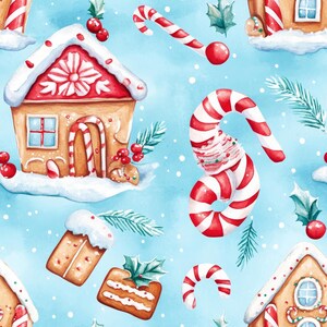 Può includere: Illustrazione ad acquerello di un motivo a tema natalizio. Il design presenta casette di pan di zenzero con tetti rossi, bastoncini di zucchero, agrifoglio e neve su sfondo azzurro. Le casette di pan di zenzero hanno glassa bianca e dettagli rossi.