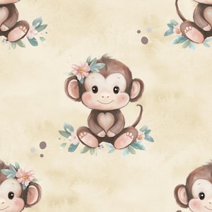 Może przedstawiać: Słodka kreskówkowa małpa z brązowym futrem i różową koroną z kwiatów siedzi na łóżku z zielonych liści i różowych kwiatów. Tło jest jasnobeżowe.
