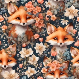 Könnte beinhalten: Ein sich wiederholendes Muster mit orangefarbenen Füchsen mit weißen und braunen Akzenten, umgeben von pfirsichfarbenen, cremefarbenen und blauen Blumen auf einem dunkelblauen Hintergrund. Die Füchse haben große, ausdrucksstarke Augen und sind mit Blumenkränzen geschmückt.