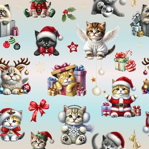 Può includere: Un motivo ripetuto di adorabili gatti dei cartoni animati vestiti con abiti natalizi festosi. I gatti indossano cappelli da Babbo Natale, costumi da elfo e ali d'angelo, circondati da scatole regalo, ornamenti e fiocchi. Lo sfondo è una morbida sfumatura di blu e bianco.