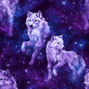 Könnte beinhalten: Zwei weiße Wölfe mit einem Galaxiemuster auf einem violetten Hintergrund. Die Wölfe leuchten und haben ein Sternenmuster.