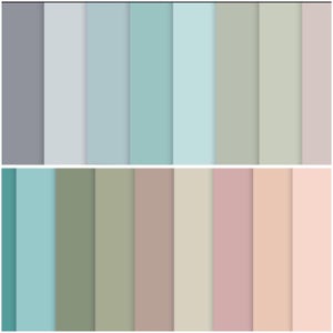 Może przedstawiać: Kolekcja próbek kolorów w różnych stonowanych odcieniach. Górny rząd zawiera odcienie szarości, niebieskiego i zielonego, a dolny rząd prezentuje zielenie, brązy i róże. Każda próbka ma subtelny cień.
