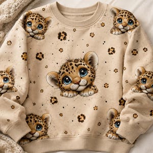 Könnte beinhalten: Ein beigefarbenes Sweatshirt mit Rundhalsausschnitt und einem wiederkehrenden Muster aus Cartoon-Leopardenbabys mit großen blauen Augen. Das Design zeigt kleine braune Leopardenflecken und verstreute kreisförmige Blumenmotive auf der Vorderseite und den Ärmeln.