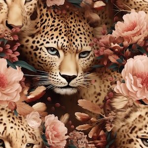 Könnte beinhalten: Eine Nahaufnahme eines Leopardenkopfes mit einem weichen, verschwommenen Hintergrund aus rosa und braunen Blumen. Das Fell des Leoparden ist eine Mischung aus braunen, schwarzen und weißen Flecken.