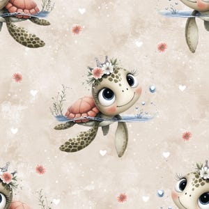 Peut inclure: Motif répété de mignonnes tortues marines de dessin animé, chacune portant une couronne de fleurs. Les tortues ont de grands yeux et des joues roses, nageant dans l'eau. Le fond est beige avec des cœurs et des fleurs.