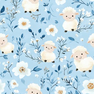 Könnte beinhalten: Ein nahtloses Muster mit weißen Lämmern und weißen Blumen auf hellblauem Hintergrund. Die Lämmer sind karikaturhaft dargestellt und haben lächelnde Gesichter. Die Blumen sind einfach und haben fünf Blütenblätter.