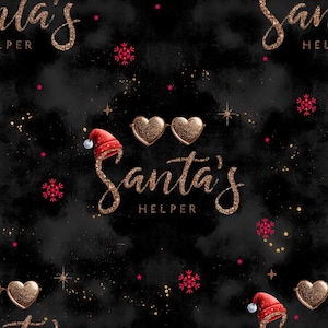 Può includere: Un festoso sfondo nero con testo glitterato dorato che recita "Santa's Helper". Il design include fiocchi di neve rossi, stelle dorate e occhiali da sole a forma di cuore. Sono presenti anche cappelli di Babbo Natale.