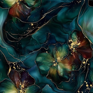 Può includere: Design floreale astratto nei toni del verde acqua, verde smeraldo e bordeaux, accentuato da linee e macchie dorate. L'opera presenta un effetto fluido, simile all'acquerello, creando un'estetica lussuosa e artistica.