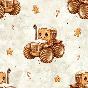 Può includere: Un motivo ripetuto con trattori di pan di zenzero, omini di pan di zenzero, bastoncini di zucchero e biscotti a forma di stella su sfondo beige chiaro. Il trattore ha una faccia sorridente ed è decorato con glassa bianca.