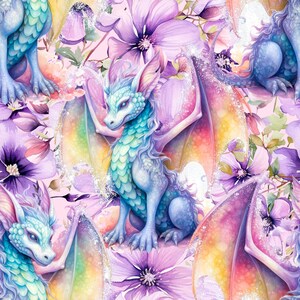 May include: A seamless pattern featuring watercolor illustrations of blue dragons with iridescent wings and purple flowers on a pink background.