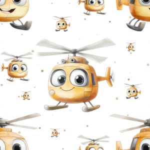 Könnte beinhalten: Ein nahtloses Muster mit gelben Cartoon-Hubschraubern mit lächelnden Gesichtern. Die Hubschrauber haben große Augen, einen Propeller oben und einen kleinen Schwanz. Der Hintergrund ist weiß mit kleinen braunen Punkten.