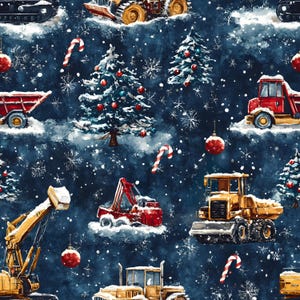 Può includere: Un motivo ripetuto con veicoli da costruzione, alberi di Natale, bastoncini di zucchero e ornamenti su uno sfondo blu scuro innevato. I veicoli sono gialli e rossi e gli alberi sono decorati con ornamenti rossi e blu.