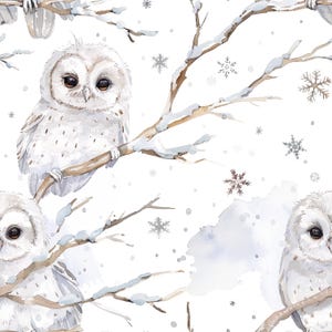 Può includere: Illustrazione ad acquerello di gufi bianchi appollaiati su rami innevati, su sfondo bianco con fiocchi di neve. I gufi hanno grandi occhi scuri e sono circondati da delicati dettagli invernali. Motivo per tessuto o carta da parati.