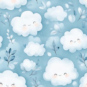 Peut inclure: Un motif sans couture représentant des nuages blancs avec des visages souriants sur un fond bleu clair. Les nuages sont entourés de feuilles et de branches bleues délicates.