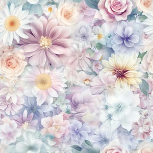 Può includere: Uno schema senza cuciture con una varietà di fiori dai colori pastello, tra cui rose, margherite e gigli. I fiori sono disposti in uno schema casuale e si sovrappongono, creando un aspetto morbido e romantico.