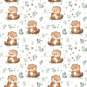 Könnte beinhalten: Ein nahtloses Muster mit braunen Cartoon-Ottern mit grünen Blättern und orangefarbenen Blumen auf weißem Hintergrund.