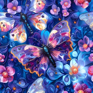 Puede incluir: Un fondo azul vibrante con dos mariposas iridiscentes. Las mariposas tienen intrincados patrones de morado, rosa y dorado. El fondo está adornado con flores estilizadas en tonos de azul, morado y rosa.