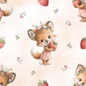 Könnte beinhalten: Wiederholendes Muster mit einem Cartoon-Fuchs, der einen Blumenkranz und ein rosa Kleid trägt und eine Erdbeere hält. Der Hintergrund ist ein weicher Pfirsichton mit verstreuten Erdbeeren, Blumen und Beeren.