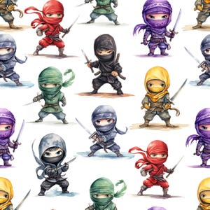 Peut inclure: Un motif sans couture représentant dix illustrations à l'aquarelle de ninjas de différentes couleurs, notamment le violet, le rouge, le vert, le jaune et le bleu. Chaque ninja porte un masque et tient une épée. Le fond est blanc.