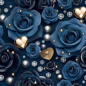 Może przedstawiać: Wzór bez szwów z granatowymi różami, złotymi sercami i perłami na ciemnoniebieskim tle.