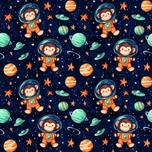 Peut inclure: Un motif sans couture avec des illustrations à l'aquarelle de singes portant des combinaisons d'astronautes, des planètes, des étoiles et des éléments sur le thème de l'espace sur un fond bleu foncé.