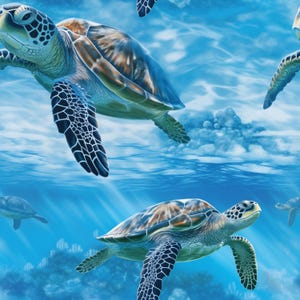 Könnte beinhalten: Ein nahtloses Muster mit mehreren grünen Meeresschildkröten, die in einem blauen Ozean mit weißen Wolken schwimmen. Die Schildkröten haben braune Panzer und dunkle Flossen.