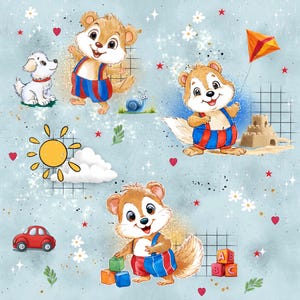 Könnte beinhalten: Eine skurrile Illustration mit Cartoon-Chipmunks in rot-blauen Latzhosen, einem weißen Welpen, einem roten Auto, einem Drachen, einer Sandburg und bunten Blöcken. Der Hintergrund ist hellblau mit Sternen, Herzen und Blumen.