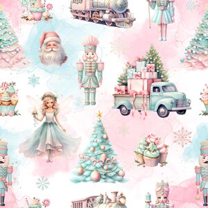 Könnte beinhalten: Ein skurriles Weihnachtsmuster mit dem Weihnachtsmann, Nussknackern, Feen, Cupcakes und einem Oldtimer-Truck, der Geschenke transportiert. Das Design integriert pastellrosa und blaue Aquarellhintergründe mit Schneeflocken und Weihnachtsbäumen. Das Gesamtthema ist festlich und bezaubernd.