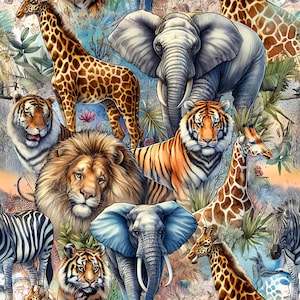 Può includere: Un'illustrazione vibrante con vari animali africani. L'immagine mostra una giraffa, un elefante, una tigre, un leone e una zebra, tutti resi con uno stile artistico dettagliato. La tavolozza dei colori include toni caldi e dettagli naturalistici.