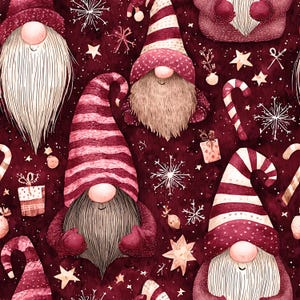 Può includere: Motivo ripetuto di gnomi festosi con lunghe barbe bianche o grigie e cappelli a righe rosse e bianche. Lo sfondo è bordeaux scuro con fiocchi di neve, stelle e bastoncini di zucchero, creando un tema festivo.