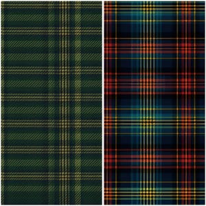 Può includere: Due campioni di tessuto con motivi a quadri scozzesi. Uno presenta un design verde e oro, mentre l'altro mostra un mix di blu, rosso, giallo e arancione. I motivi sono costituiti da linee verticali e orizzontali che si intersecano.