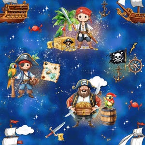 Può includere: Illustrazione a motivi ripetuti con pirati dei cartoni animati, forzieri del tesoro, pappagalli, navi ed elementi nautici su uno sfondo blu stellato. I pirati sono raffigurati con spade, benda sull'occhio e bandane.