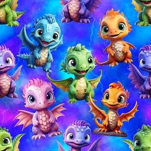 May include: A seamless pattern featuring colorful baby dragons with wings on a blue background with purple and white lightning bolts. The dragons are green, blue, purple, orange, and pink.
