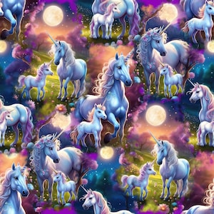 Könnte beinhalten: Ein farbenfrohes, fantasievolles Muster mit mehreren Einhörnern in verschiedenen Posen. Die Einhörner sind in Blautönen, Lila und Rosa dargestellt, mit fließenden Mähnen und Schwänzen. Der Hintergrund ist ein lebendiger Mix aus Farben, darunter Blautöne, Lila, Rosa und Grün, mit Sternen und Monden, die überall verstreut sind.