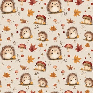 Può includere: Motivo ripetuto con adorabili ricci, funghi e foglie autunnali nei toni del marrone, rosso e arancione. Il design è ambientato su uno sfondo beige, creando un'estetica calda e stagionale. Perfetto per l'artigianato e l'arredamento a tema autunnale.